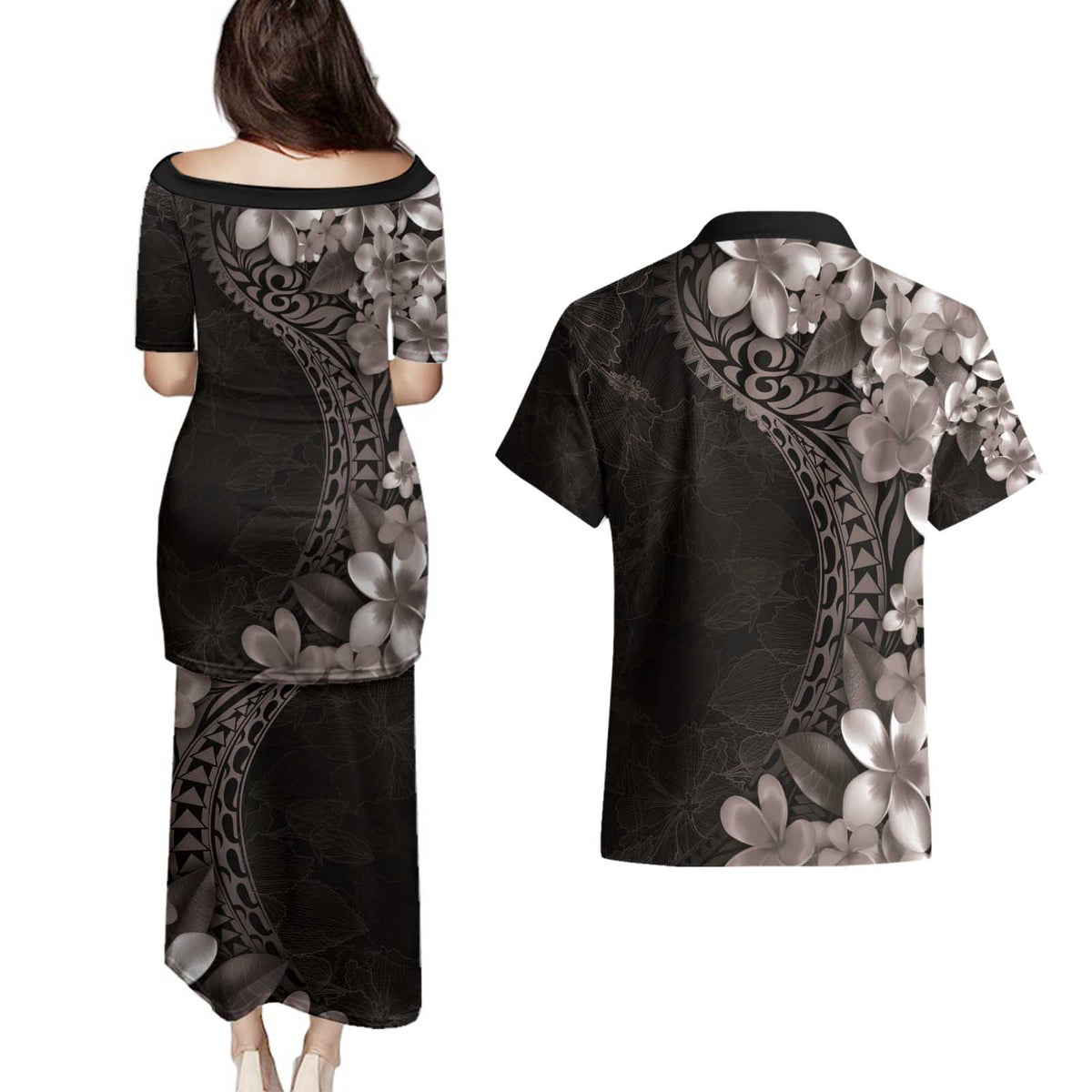Hawaiian Plumeria-Polynesian Art Tattoo Grayscale Color Couples Matching Puletasi and Hawaiian Shirt