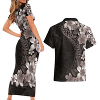 Hawaiian Plumeria-Polynesian Art Tattoo Grayscale Color Couples Matching Short Sleeve Bodycon Dress and Hawaiian Shirt LT03 - Polynesian Pride