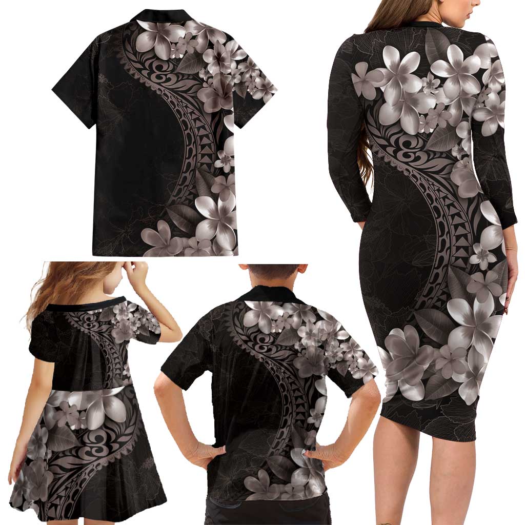 Hawaiian Plumeria-Polynesian Art Tattoo Grayscale Color Family Matching Long Sleeve Bodycon Dress and Hawaiian Shirt LT03 - Polynesian Pride