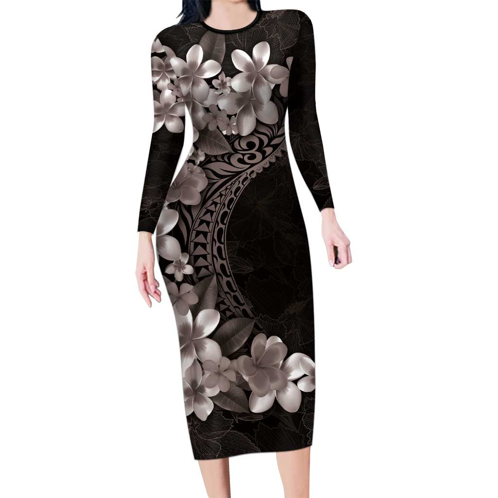 Hawaiian Plumeria-Polynesian Art Tattoo Grayscale Color Family Matching Long Sleeve Bodycon Dress and Hawaiian Shirt LT03 Mom's Dress Gray - Polynesian Pride