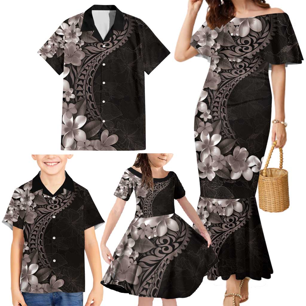 Hawaiian Plumeria-Polynesian Art Tattoo Grayscale Color Family Matching Mermaid Dress and Hawaiian Shirt LT03 - Polynesian Pride
