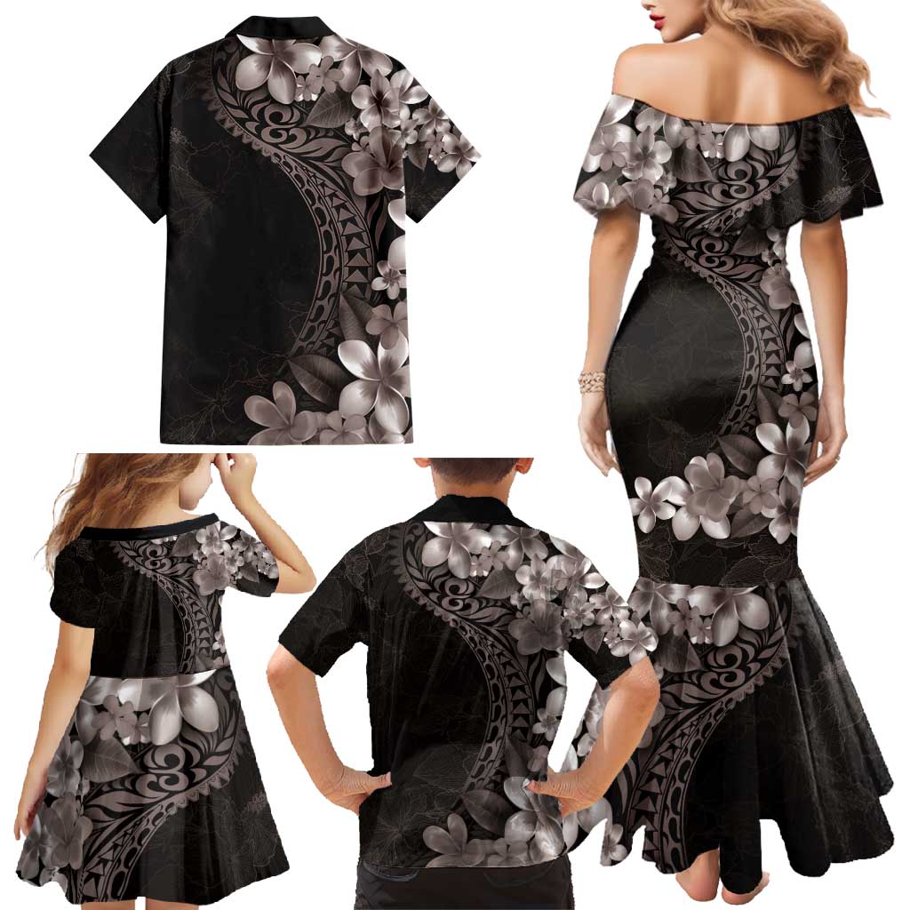 Hawaiian Plumeria-Polynesian Art Tattoo Grayscale Color Family Matching Mermaid Dress and Hawaiian Shirt LT03 - Polynesian Pride
