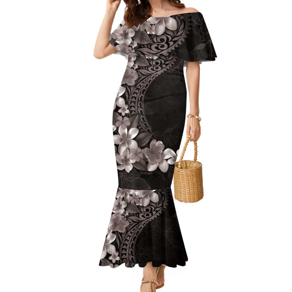 Hawaiian Plumeria-Polynesian Art Tattoo Grayscale Color Family Matching Mermaid Dress and Hawaiian Shirt LT03 Mom's Dress Gray - Polynesian Pride