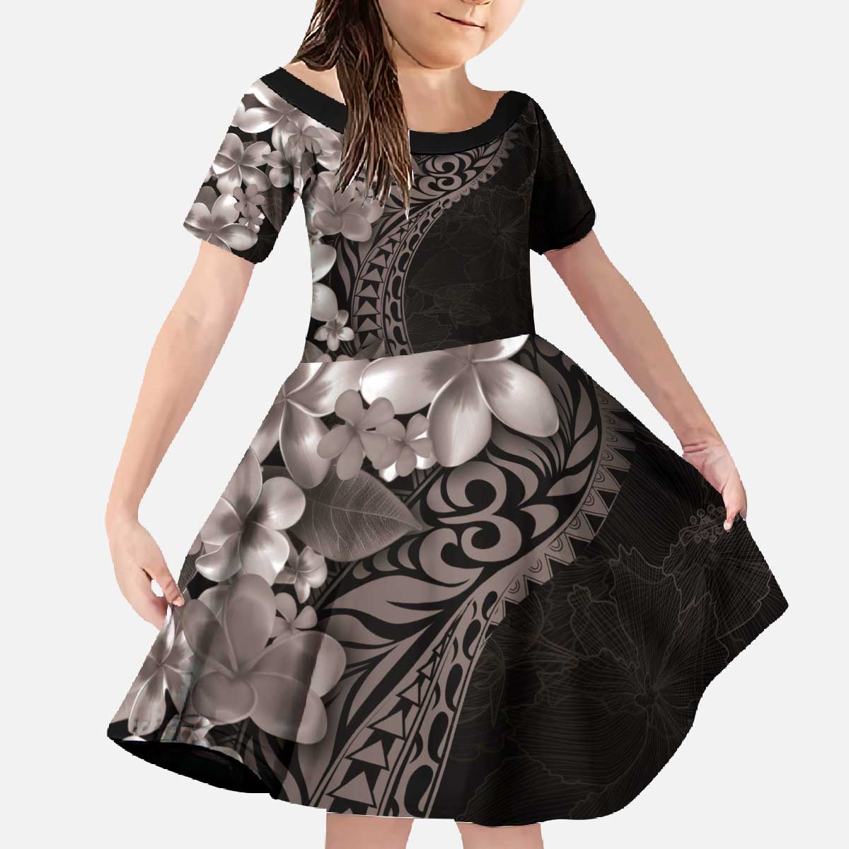 Hawaiian Plumeria-Polynesian Art Tattoo Grayscale Color Family Matching Off The Shoulder Long Sleeve Dress and Hawaiian Shirt LT03 Daughter's Dress Gray - Polynesian Pride