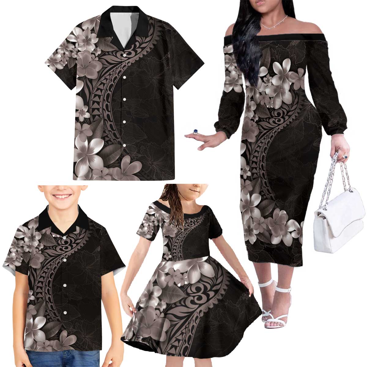 Hawaiian Plumeria-Polynesian Art Tattoo Grayscale Color Family Matching Off The Shoulder Long Sleeve Dress and Hawaiian Shirt LT03 - Polynesian Pride