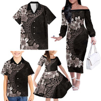 Hawaiian Plumeria-Polynesian Art Tattoo Grayscale Color Family Matching Off The Shoulder Long Sleeve Dress and Hawaiian Shirt LT03 - Polynesian Pride