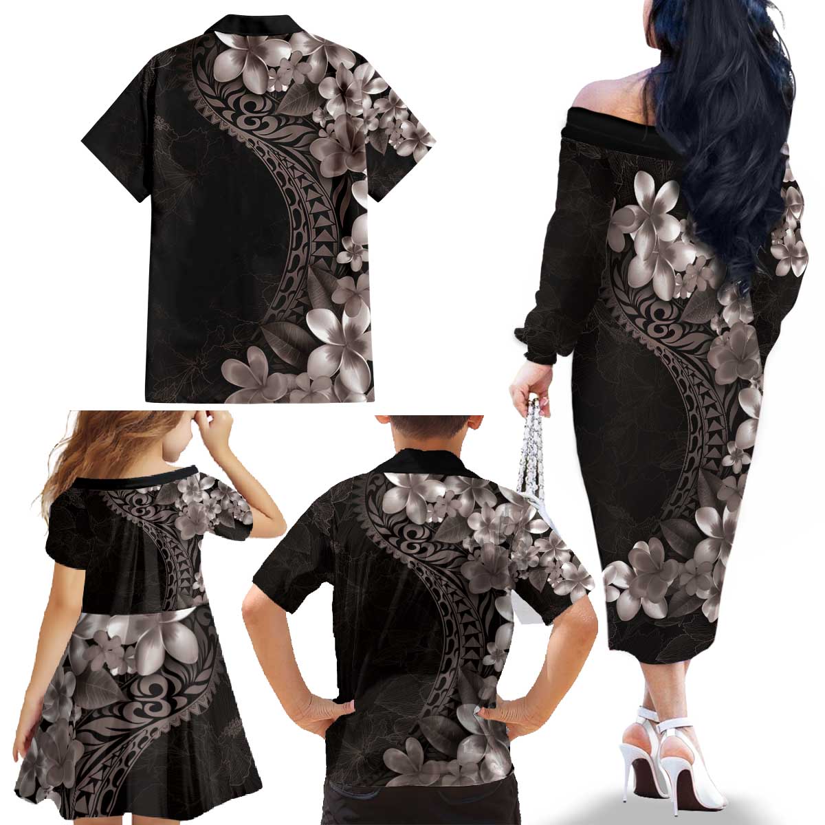 Hawaiian Plumeria-Polynesian Art Tattoo Grayscale Color Family Matching Off The Shoulder Long Sleeve Dress and Hawaiian Shirt LT03 - Polynesian Pride