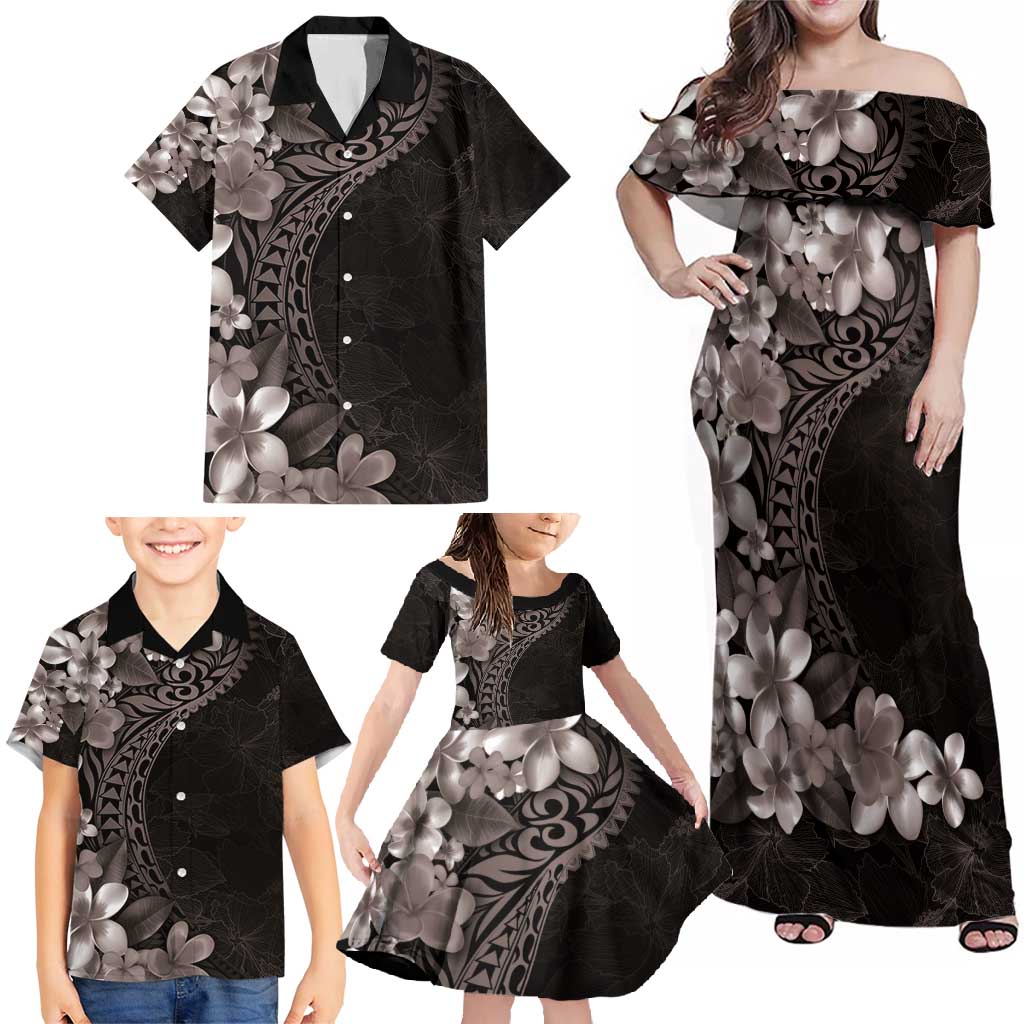 Hawaiian Plumeria-Polynesian Art Tattoo Grayscale Color Family Matching Off Shoulder Maxi Dress and Hawaiian Shirt LT03 - Polynesian Pride
