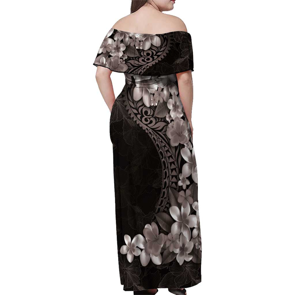 Hawaiian Plumeria-Polynesian Art Tattoo Grayscale Color Family Matching Off Shoulder Maxi Dress and Hawaiian Shirt LT03 - Polynesian Pride