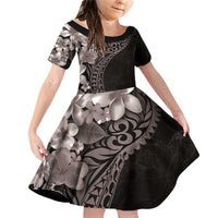 Hawaiian Plumeria-Polynesian Art Tattoo Grayscale Color Family Matching Off Shoulder Short Dress and Hawaiian Shirt LT03 Daughter's Dress Gray - Polynesian Pride
