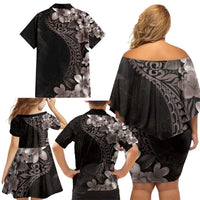 Hawaiian Plumeria-Polynesian Art Tattoo Grayscale Color Family Matching Off Shoulder Short Dress and Hawaiian Shirt LT03 - Polynesian Pride