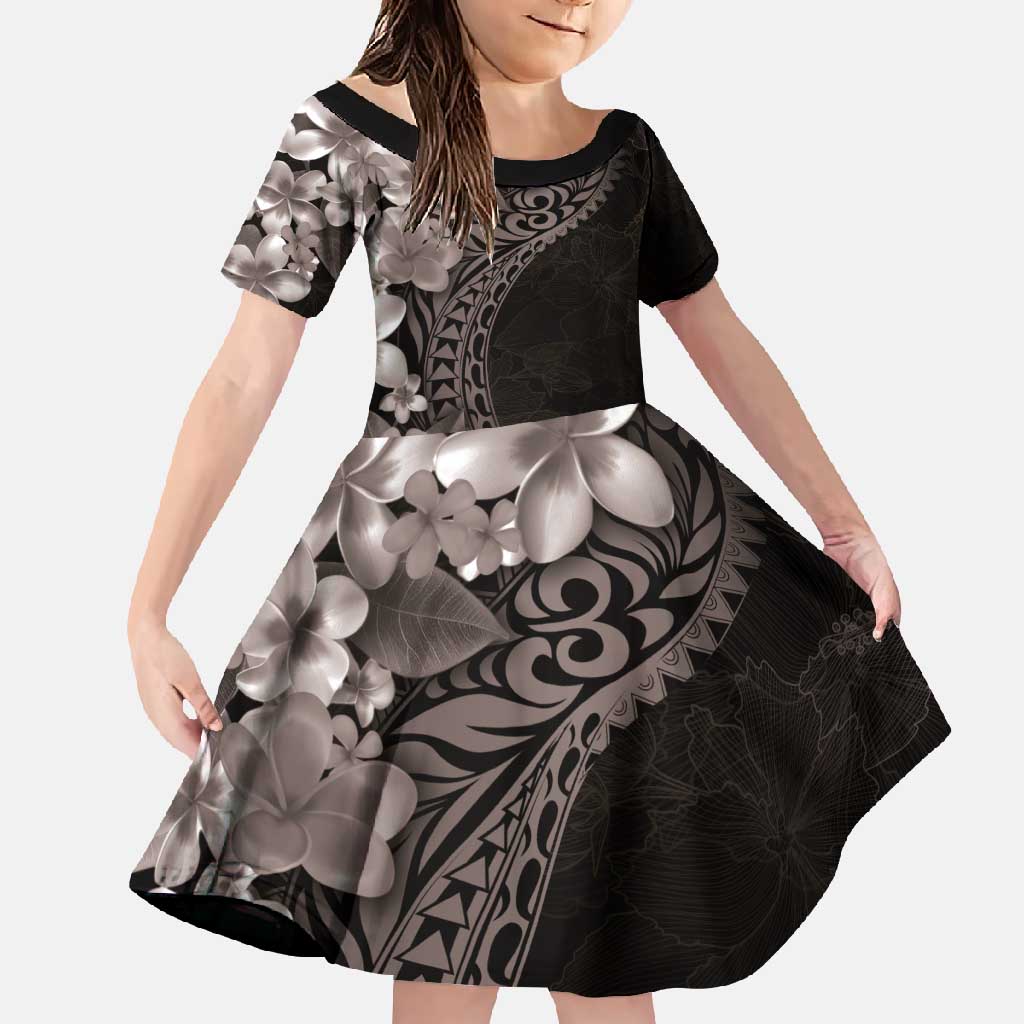 Hawaiian Plumeria-Polynesian Art Tattoo Grayscale Color Family Matching Summer Maxi Dress and Hawaiian Shirt LT03 Daughter's Dress Gray - Polynesian Pride