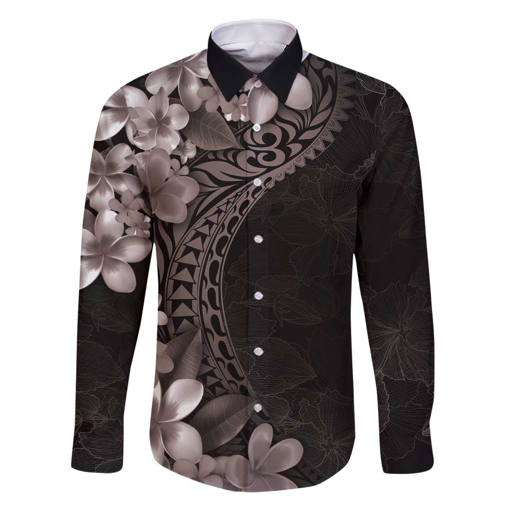 Hawaiian Plumeria-Polynesian Art Tattoo Grayscale Color Family Matching Tank Maxi Dress and Hawaiian Shirt LT03 Dad's Shirt - Long Sleeve Gray - Polynesian Pride