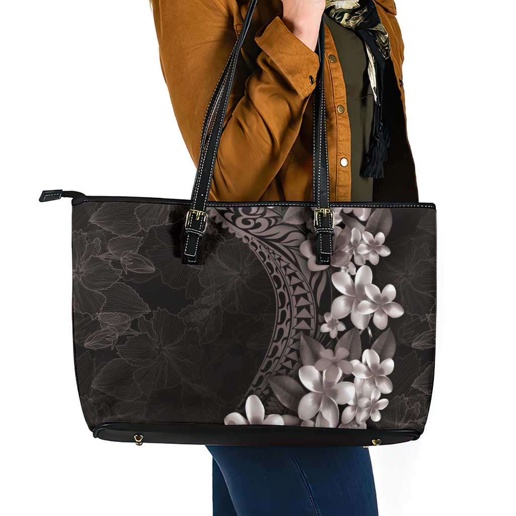 Hawaiian Plumeria-Polynesian Art Tattoo Grayscale Color Leather Tote Bag