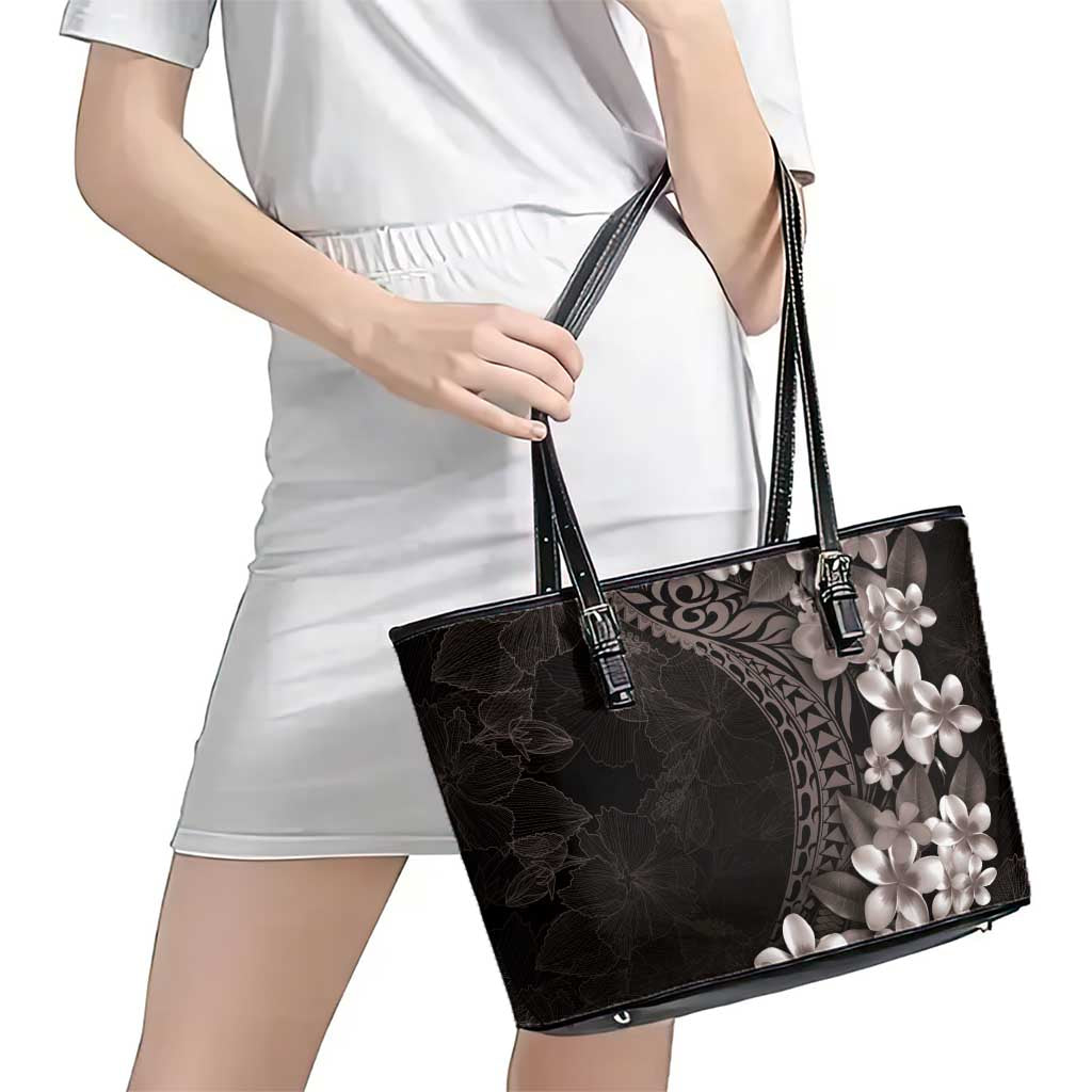 Hawaiian Plumeria-Polynesian Art Tattoo Grayscale Color Leather Tote Bag