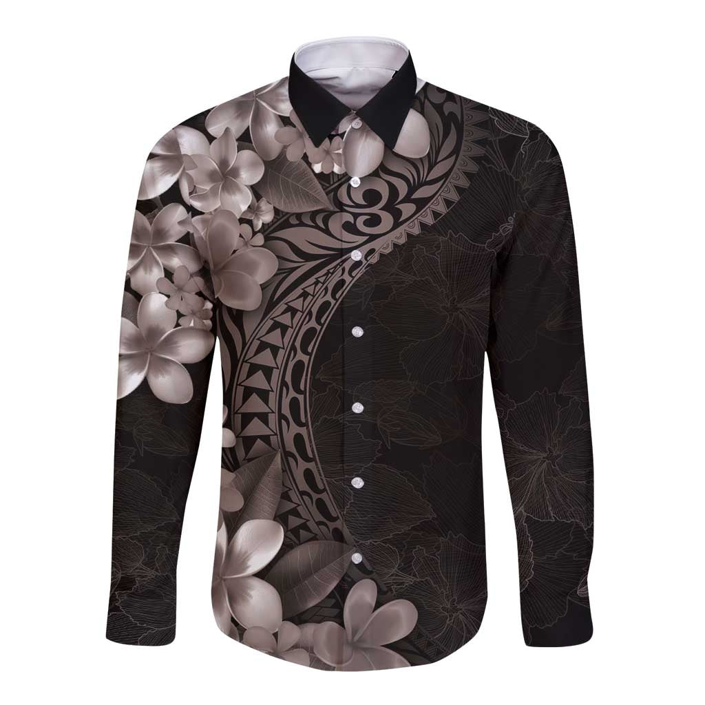 Hawaiian Plumeria-Polynesian Art Tattoo Grayscale Color Long Sleeve Button Shirt
