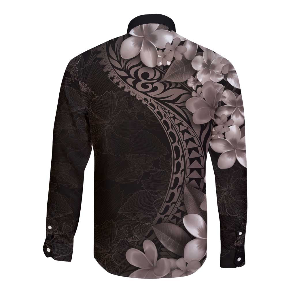 Hawaiian Plumeria-Polynesian Art Tattoo Grayscale Color Long Sleeve Button Shirt