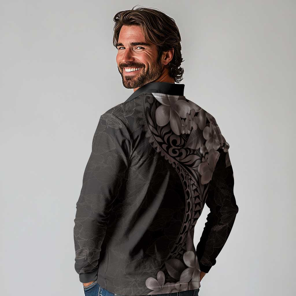 Hawaiian Plumeria-Polynesian Art Tattoo Grayscale Color Long Sleeve Polo Shirt