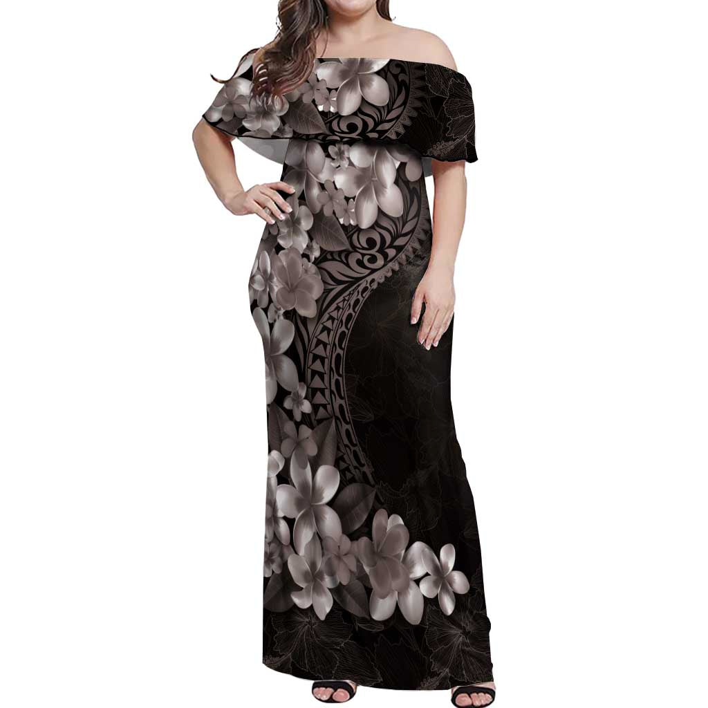 Hawaiian Plumeria-Polynesian Art Tattoo Grayscale Color Off Shoulder Maxi Dress