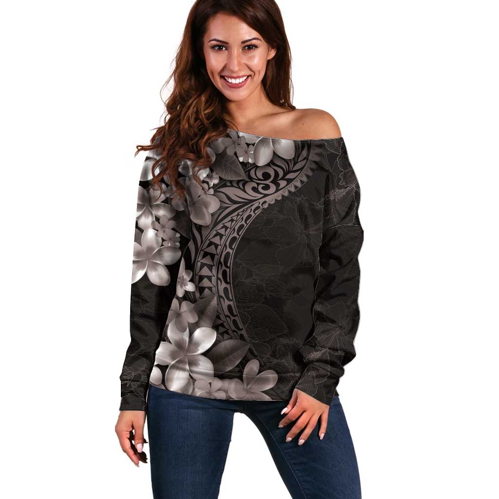 Hawaiian Plumeria-Polynesian Art Tattoo Grayscale Color Off Shoulder Sweater LT03 Women Gray - Polynesian Pride