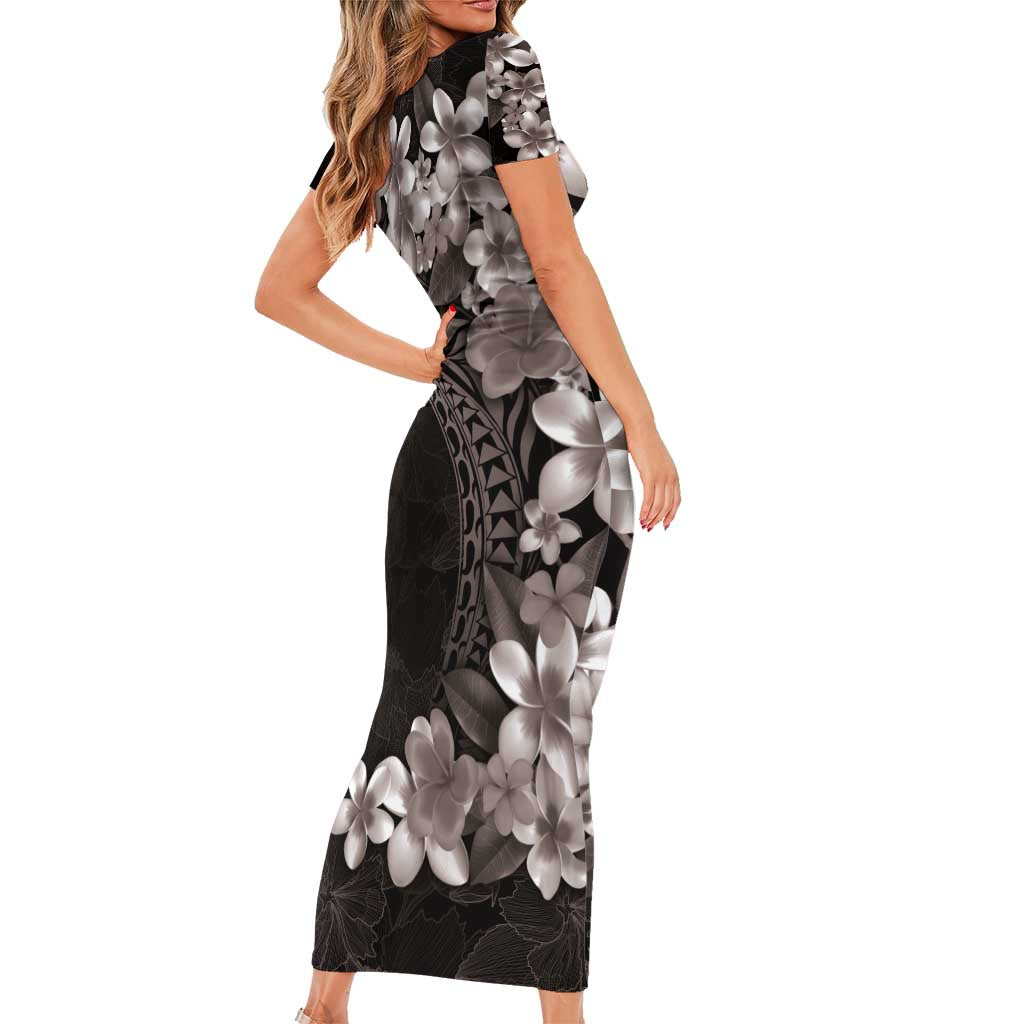 Hawaiian Plumeria-Polynesian Art Tattoo Grayscale Color Short Sleeve Bodycon Dress