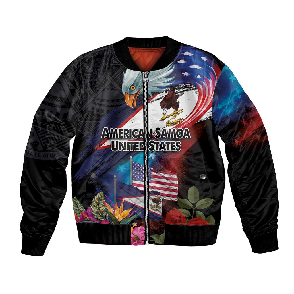 American Samoa and United States Together Bomber Jacket National Flag with Eagle-Hibiscus and Rose