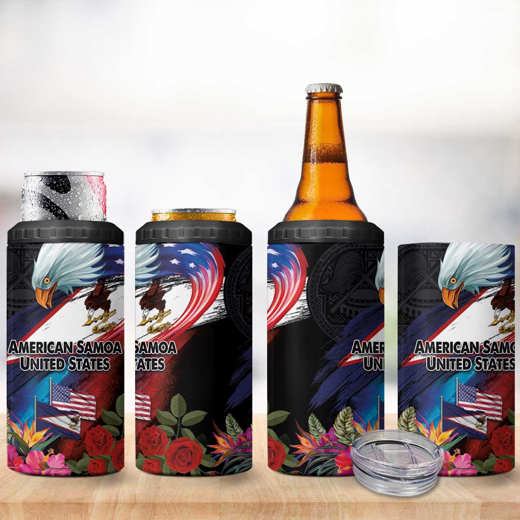American Samoa and United States Together 4 in 1 Can Cooler Tumbler National Flag with Eagle-Hibiscus and Rose