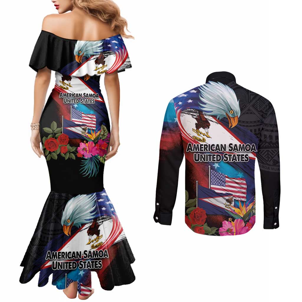American Samoa and United States Together Couples Matching Mermaid Dress and Long Sleeve Button Shirt National Flag with Eagle-Hibiscus and Rose