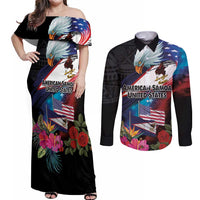 American Samoa and United States Together Couples Matching Off Shoulder Maxi Dress and Long Sleeve Button Shirt National Flag with Eagle-Hibiscus and Rose