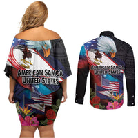American Samoa and United States Together Couples Matching Off Shoulder Short Dress and Long Sleeve Button Shirt National Flag with Eagle-Hibiscus and Rose