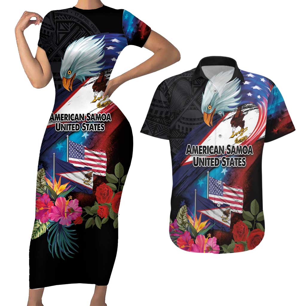 American Samoa and United States Together Couples Matching Short Sleeve Bodycon Dress and Hawaiian Shirt National Flag with Eagle-Hibiscus and Rose
