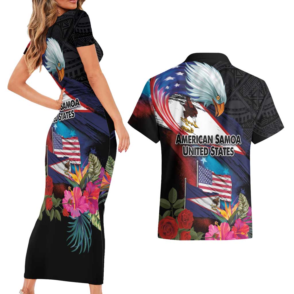 American Samoa and United States Together Couples Matching Short Sleeve Bodycon Dress and Hawaiian Shirt National Flag with Eagle-Hibiscus and Rose