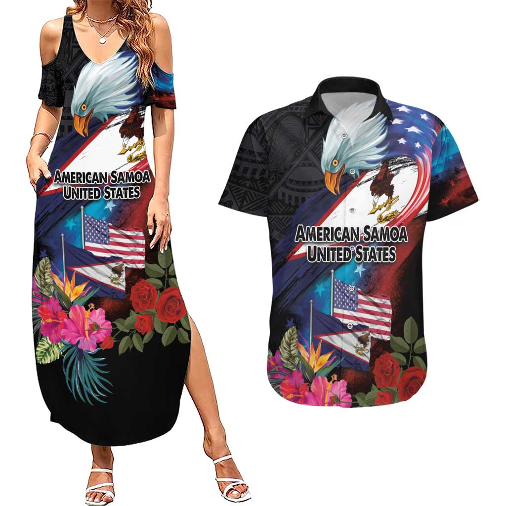 American Samoa and United States Together Couples Matching Summer Maxi Dress and Hawaiian Shirt National Flag with Eagle-Hibiscus and Rose