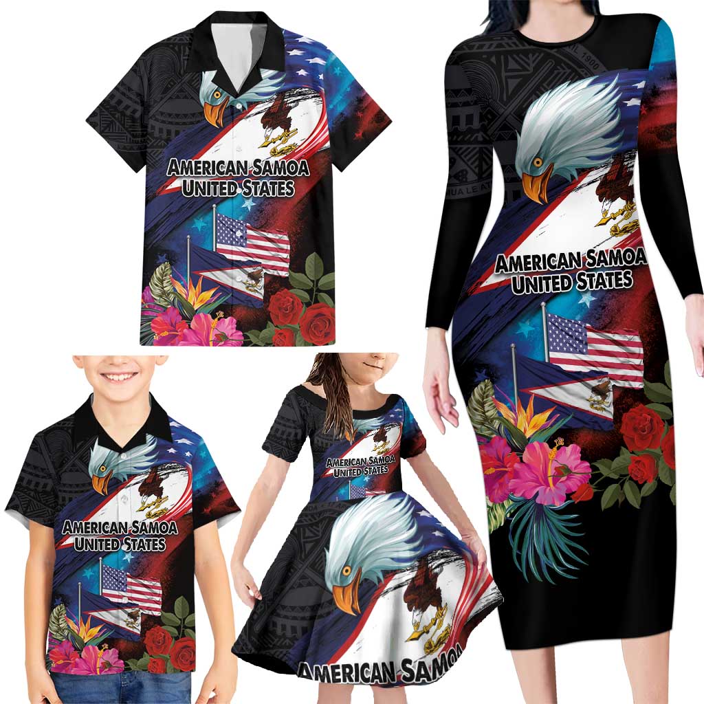 American Samoa and United States Together Family Matching Long Sleeve Bodycon Dress and Hawaiian Shirt National Flag with Eagle-Hibiscus and Rose LT03 - Polynesian Pride