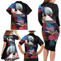 American Samoa and United States Together Family Matching Long Sleeve Bodycon Dress and Hawaiian Shirt National Flag with Eagle-Hibiscus and Rose LT03 - Polynesian Pride