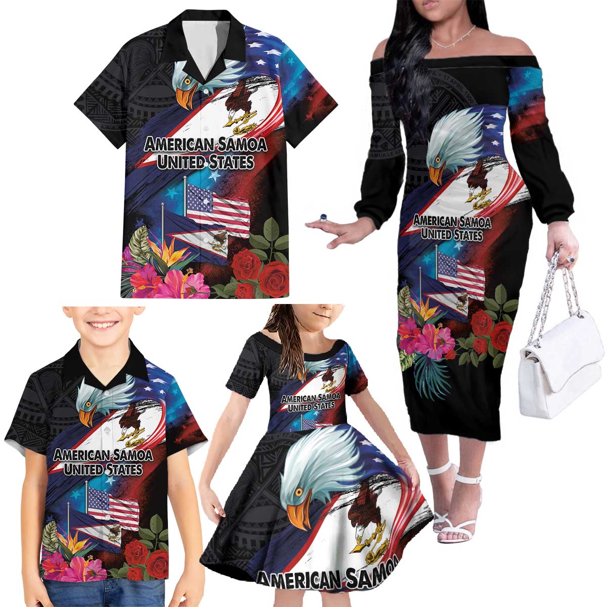 American Samoa and United States Together Family Matching Off The Shoulder Long Sleeve Dress and Hawaiian Shirt National Flag with Eagle-Hibiscus and Rose LT03 - Polynesian Pride