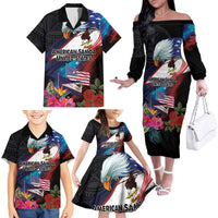 American Samoa and United States Together Family Matching Off The Shoulder Long Sleeve Dress and Hawaiian Shirt National Flag with Eagle-Hibiscus and Rose LT03 - Polynesian Pride