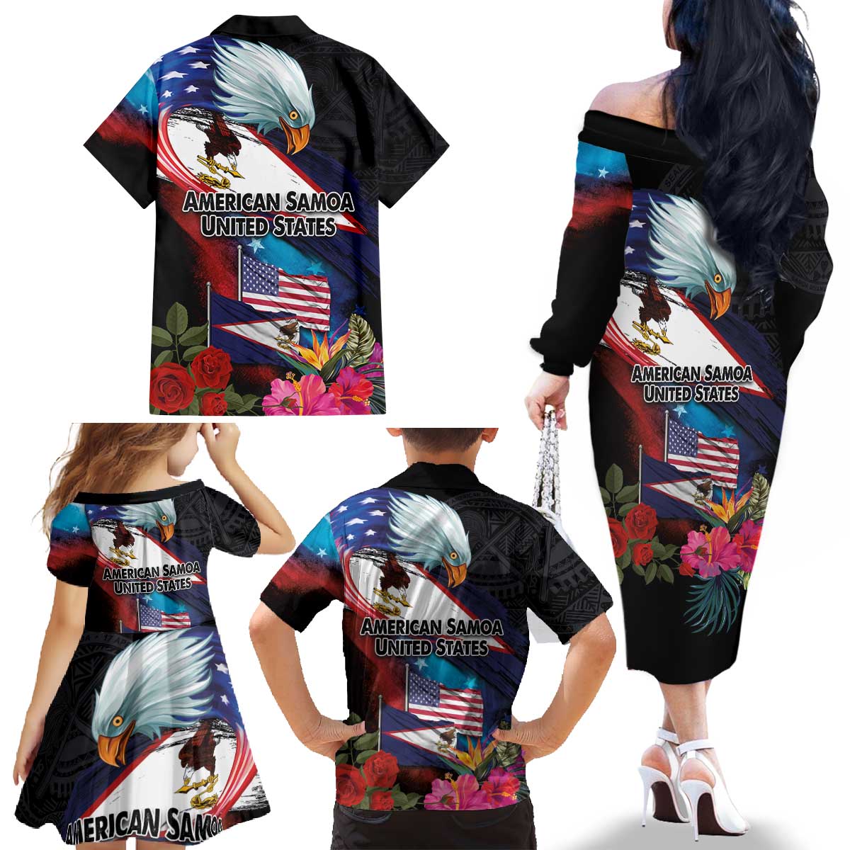 American Samoa and United States Together Family Matching Off The Shoulder Long Sleeve Dress and Hawaiian Shirt National Flag with Eagle-Hibiscus and Rose LT03 - Polynesian Pride