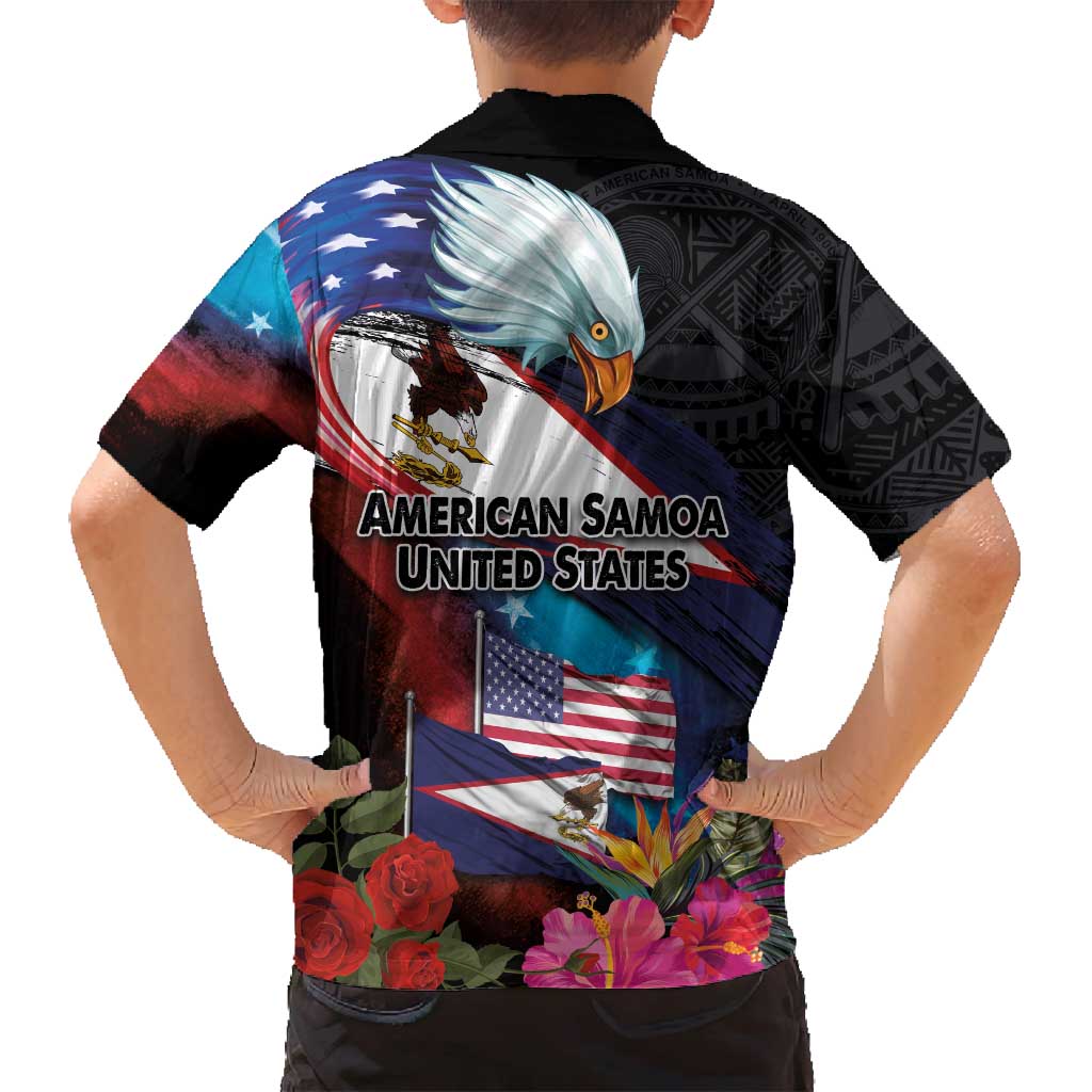 American Samoa and United States Together Family Matching Off Shoulder Maxi Dress and Hawaiian Shirt National Flag with Eagle-Hibiscus and Rose LT03 - Polynesian Pride