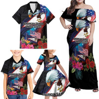 American Samoa and United States Together Family Matching Off Shoulder Maxi Dress and Hawaiian Shirt National Flag with Eagle-Hibiscus and Rose LT03 - Polynesian Pride
