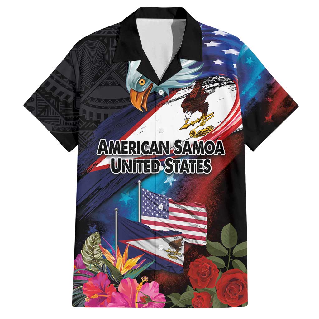 American Samoa and United States Together Family Matching Off Shoulder Maxi Dress and Hawaiian Shirt National Flag with Eagle-Hibiscus and Rose LT03 Dad's Shirt - Short Sleeve Black - Polynesian Pride