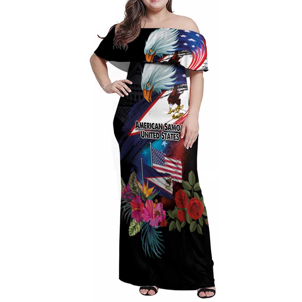 American Samoa and United States Together Family Matching Off Shoulder Maxi Dress and Hawaiian Shirt National Flag with Eagle-Hibiscus and Rose LT03 Mom's Dress Black - Polynesian Pride