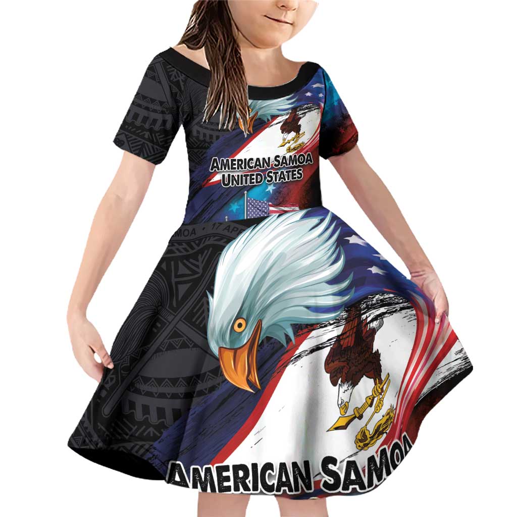 American Samoa and United States Together Family Matching Off Shoulder Short Dress and Hawaiian Shirt National Flag with Eagle-Hibiscus and Rose LT03 Daughter's Dress Black - Polynesian Pride