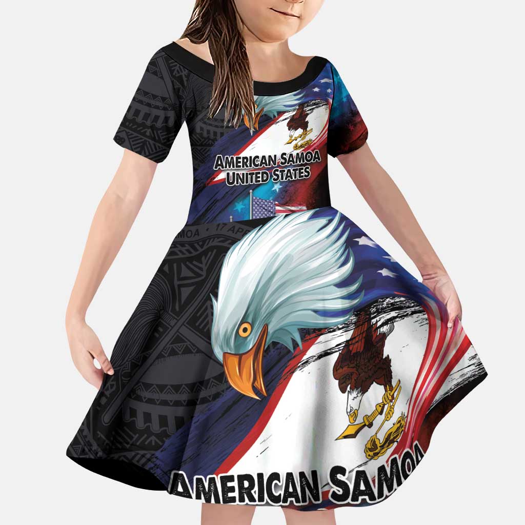 American Samoa and United States Together Family Matching Puletasi and Hawaiian Shirt National Flag with Eagle-Hibiscus and Rose LT03 Daughter's Dress Black - Polynesian Pride