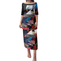 American Samoa and United States Together Family Matching Puletasi and Hawaiian Shirt National Flag with Eagle-Hibiscus and Rose LT03 Mom's Dress Black - Polynesian Pride