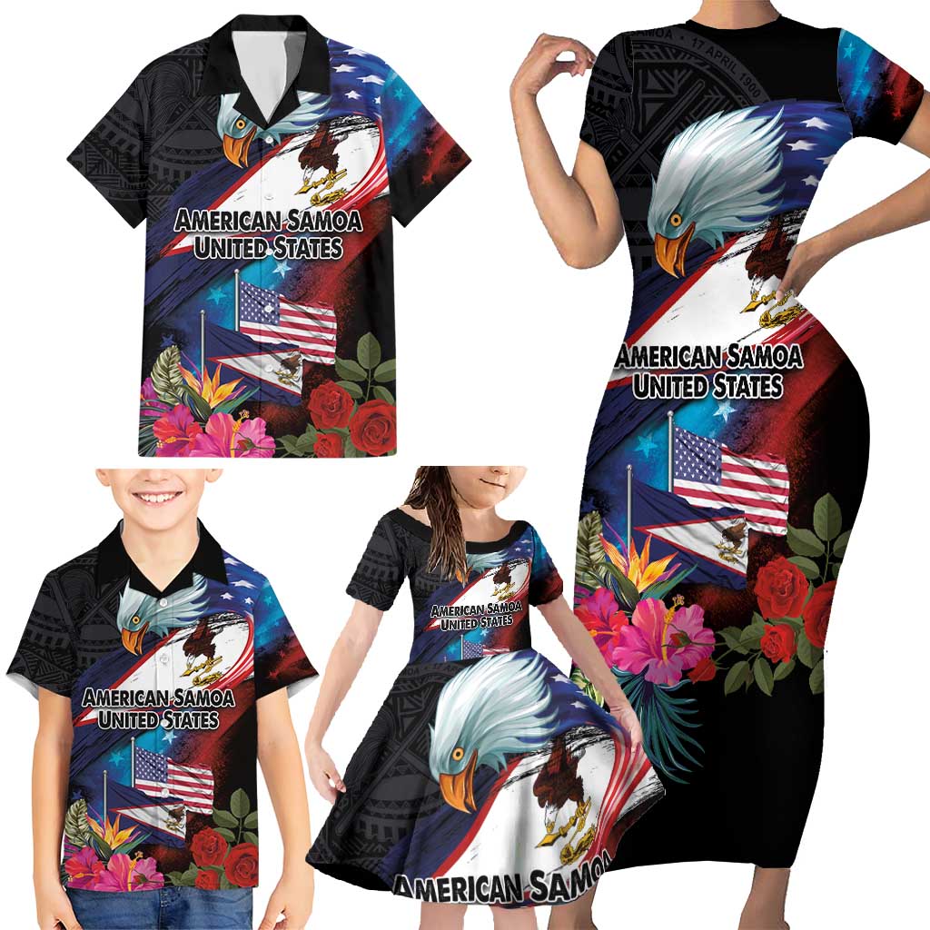 American Samoa and United States Together Family Matching Short Sleeve Bodycon Dress and Hawaiian Shirt National Flag with Eagle-Hibiscus and Rose