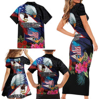 American Samoa and United States Together Family Matching Short Sleeve Bodycon Dress and Hawaiian Shirt National Flag with Eagle-Hibiscus and Rose LT03 - Polynesian Pride