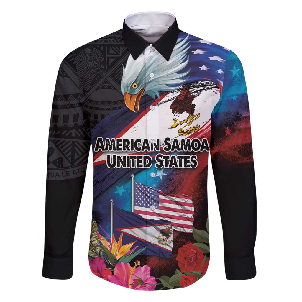 American Samoa and United States Together Family Matching Short Sleeve Bodycon Dress and Hawaiian Shirt National Flag with Eagle-Hibiscus and Rose LT03 Dad's Shirt - Long Sleeve Black - Polynesian Pride