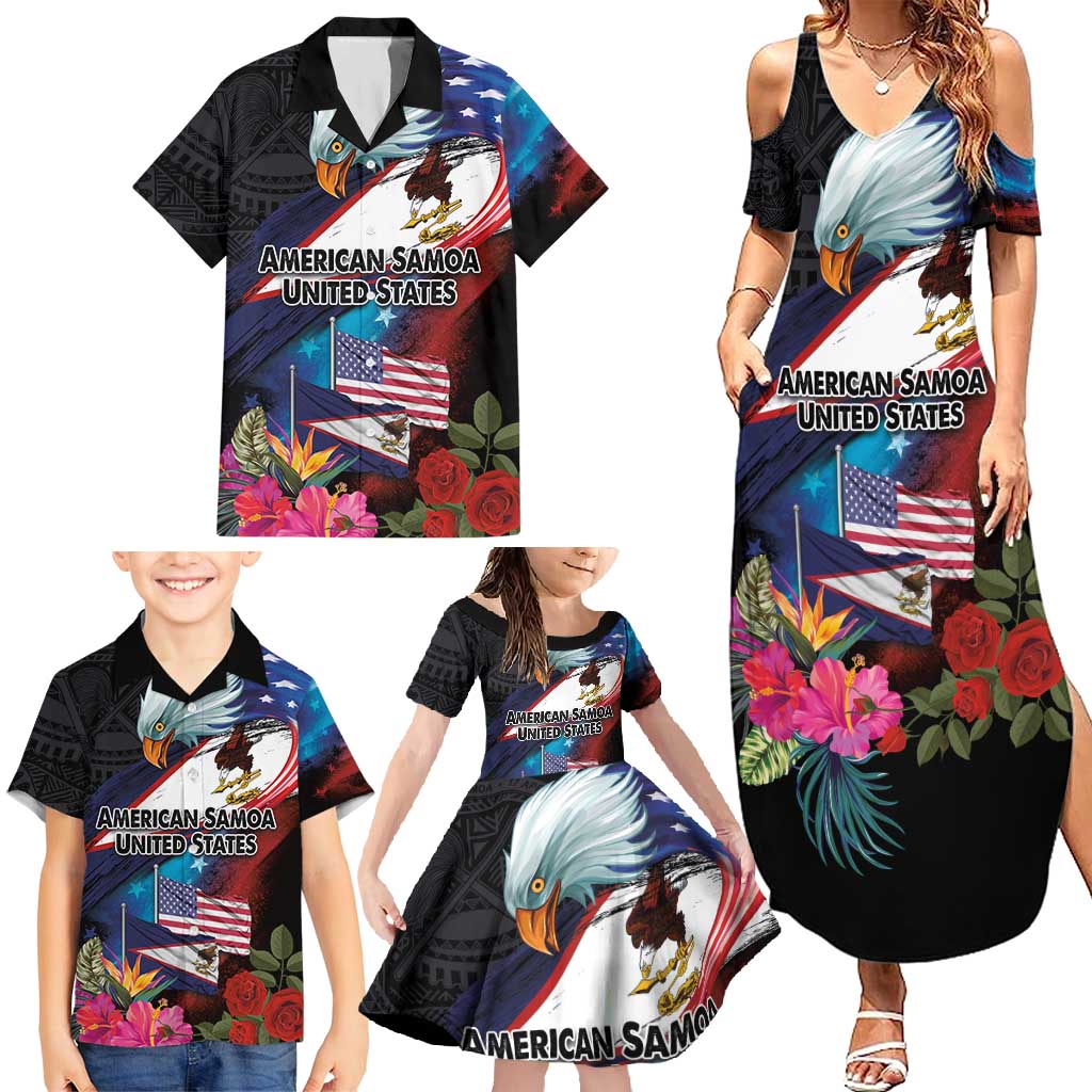American Samoa and United States Together Family Matching Summer Maxi Dress and Hawaiian Shirt National Flag with Eagle-Hibiscus and Rose LT03 - Polynesian Pride