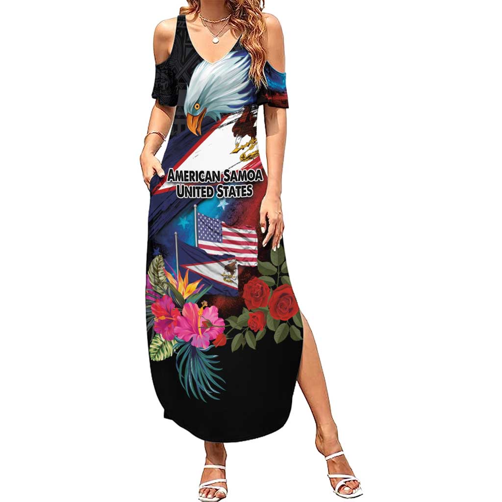 American Samoa and United States Together Family Matching Summer Maxi Dress and Hawaiian Shirt National Flag with Eagle-Hibiscus and Rose LT03 Mom's Dress Black - Polynesian Pride